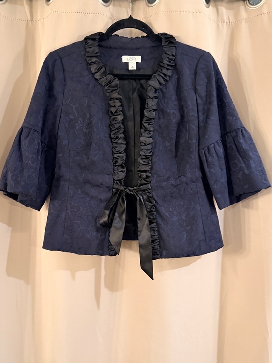 LOFT Tops - LOFT Navy Ruffle-Trim Tie-Front Jacket